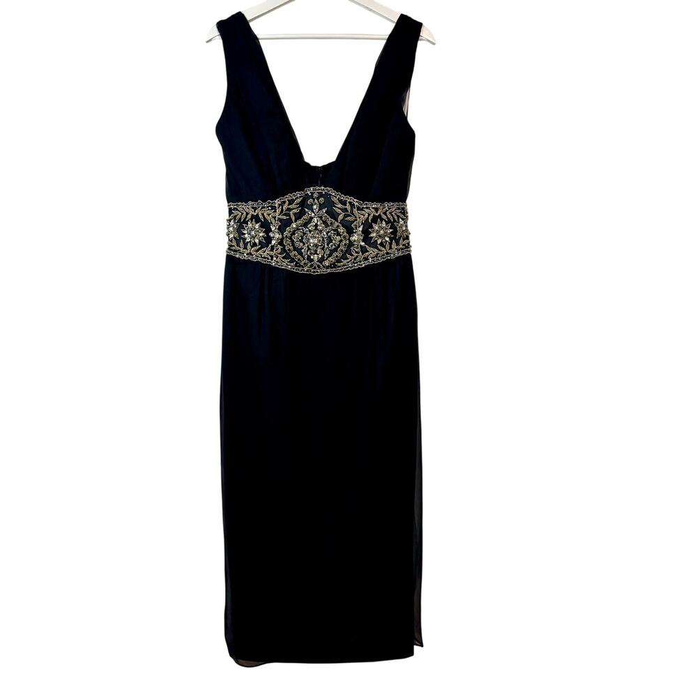 Mandalay Women’s Silk Beaded Waist Midi Evening Gown Dress Black Size 10 NWT
